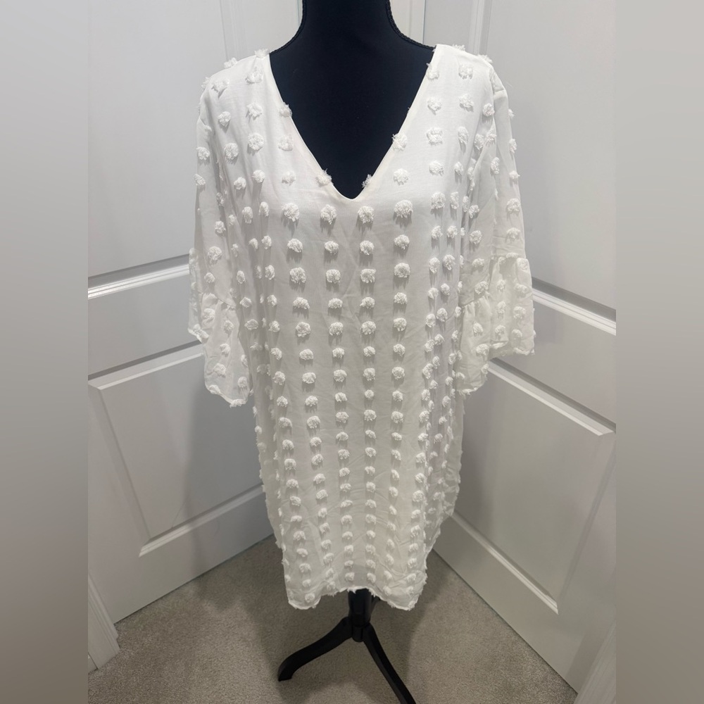 White V-Neck Sheath Dress with Bell Sleeves